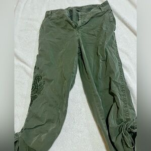 Green Cargo Capri Pants with Paisley Embroidery
